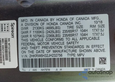 2018 Honda Cr-V Lx z USA, uszkodzony, nr VIN 2HKRW6H32JH232756